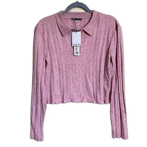 ZARA Light Mauve top women long sleeve collar top with a lettuce hem size S chic - Picture 1 of 6